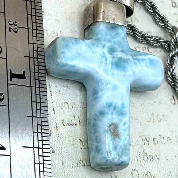 Large Larimar Sky Blue Carved Stone Cross Pendant Necklace Rope Chain Silver - Picture 2 of 9